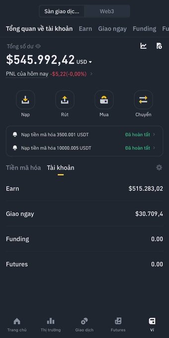 A Vietnamese cryptocurrency exchange app interface showing total account assets of $545,992.42 USD, today's PNL of -$5.22 (-0.00%), with options for Deposit (Nạp), Withdraw (Rút), Buy (Mua), and Transfer (Chuyển).