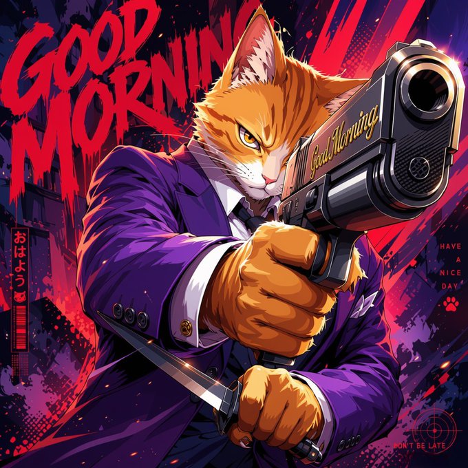 An anime-style illustration of an orange tabby cat in a purple suit wielding a large pistol labeled 'Good Morning' and a knife, with 'GOOD MORNING' text and 'HAVE A NICE DAY' in the background.