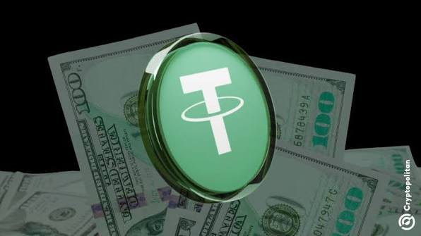 A green Tether (USDT) cryptocurrency coin displayed on top of a pile of US $100 bills, credited to 'Cryptopolitan'.