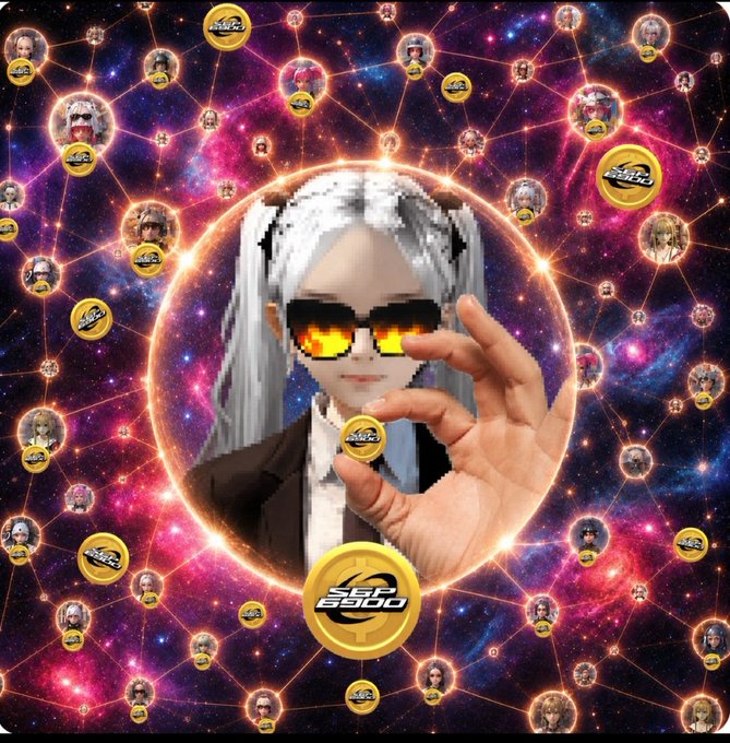 A promotional graphic for 'SGP 5500' featuring a pixelated anime-style character with white hair and fiery sunglasses holding a gold coin, surrounded by a cosmic network of character portraits.