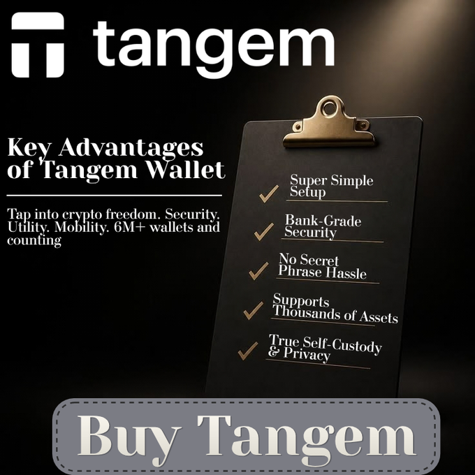 A promotional graphic for the Tangem crypto wallet, displaying the Tangem logo, key advantages like 'Super Simple Setup,' 'Bank-Grade Security,' and 'No Secret Phrase Hassle,' along with a 'Buy Tangem' button.