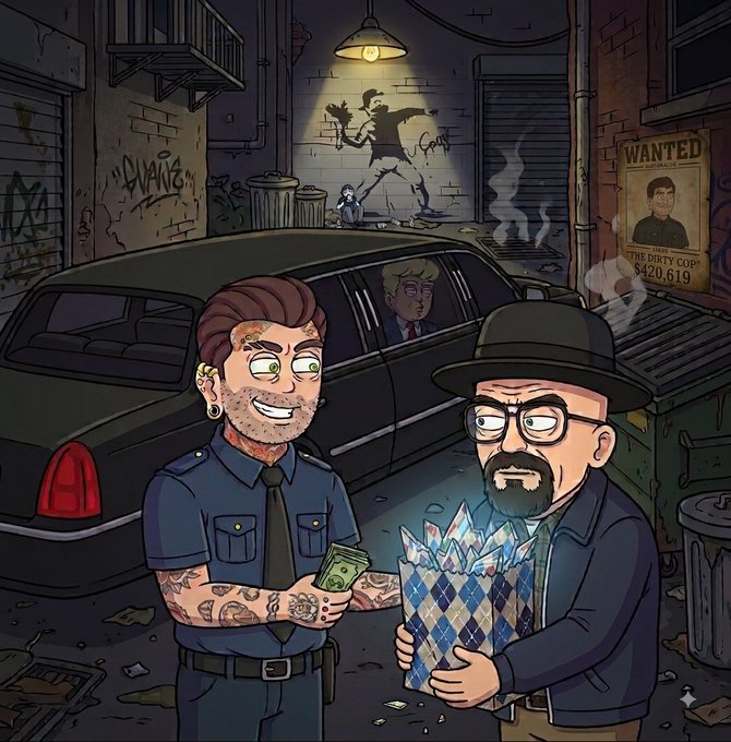 A cartoon scene depicts a tattooed police officer handing cash to a man holding a bag of crystals, with a 'WANTED' poster for 'THE DIRTY COP $420,619' on the wall behind them and graffiti reading 'DIRTY COPS'.
