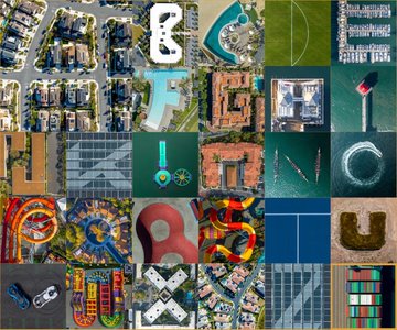 A grid of 24 aerial photographs forms a creative alphabet spelling out "BINGOC," with each letter represented by various landscape and architectural features like pools, buildings, and runways. This visual aligns with the SuperRare post showcasing four new release strategies and artworks, highlighting the platform's diverse approaches to collecting art.