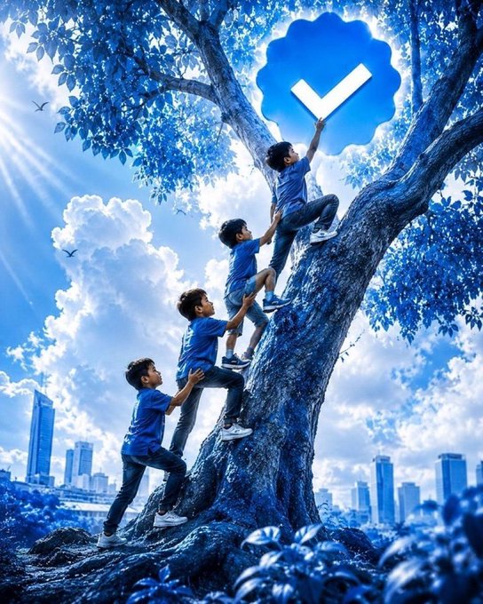 An artistic illustration of multiple boys in blue climbing a large blue tree toward a verification checkmark badge, set against a cityscape.