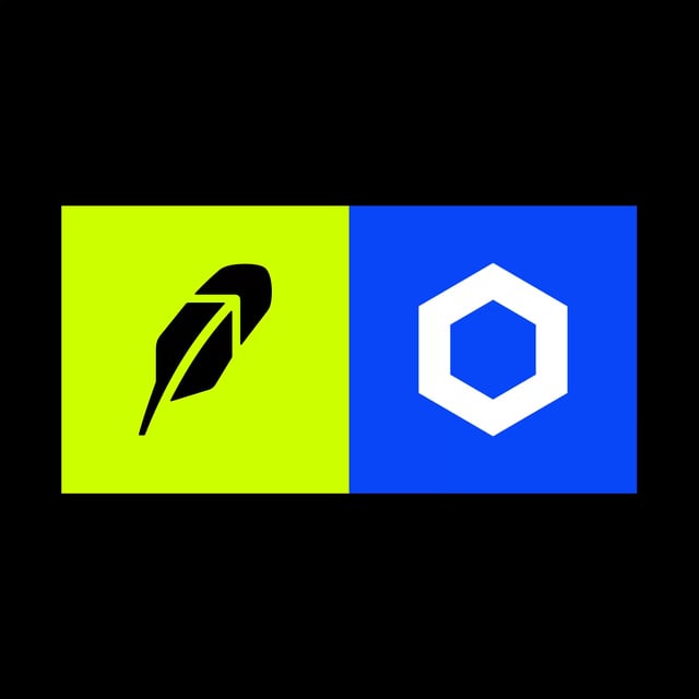 A side-by-side logo graphic featuring Robinhood's stylized feather icon on a bright green background alongside the Chainlink hexagonal emblem on a blue background, visually representing the partnership between the two blockchain platforms.