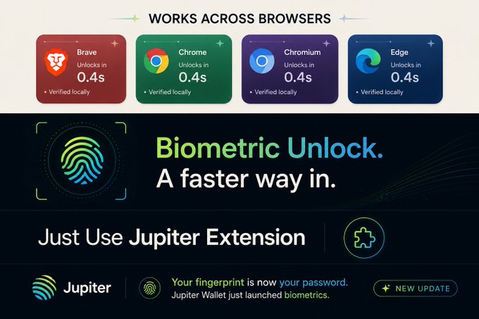 Promotional graphic for Jupiter Wallet's Biometric Unlock feature, advertising compatibility with Brave, Chrome, Chromium, and Edge browsers unlocking in 0.4s.