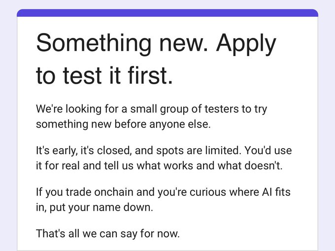 A promotional card reads "Something new. Apply to test it first," inviting a small group of testers to try an unannounced product before public release, specifically targeting onchain traders curious about AI. It relates to the post by serving as the visual recruitment flyer for the Celestia founders' new, still-under-wraps project.