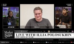 The image shows a "Market Bubble" live stream interview titled "LIVE WITH ILLIA POLOSHUKHIN, FOUNDER OF NEAR," featuring host Aansem and guest Shady alongside Illia in a split-screen format. The post connects to this by highlighting Illia's growing media presence to discuss confidential infrastructure, user-owned AI, and the agent economy, with the $NEAR token positioned at the center of that conversation.