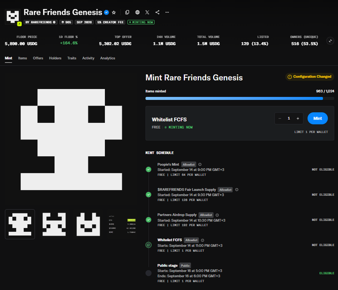 A screenshot of the OpenSea "Rare Friends Genesis" NFT collection page showing a mint interface with a floor price of 5,800.00 USDG, 24h volume of 1.1M USDG, and a mint schedule listing the Public stage as "ELIGIBLE," with only 983/1024 Rame minted—supporting the post about the upcoming public mint and the limited 59 remaining NFTs.