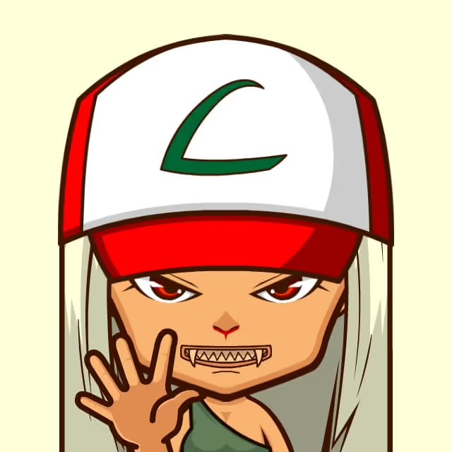 A cartoon chibi-style character with long silver hair, sharp teeth, and a white and red cap featuring a green "C" logo poses with a raised hand. The menacing, confident avatar likely represents the NFT creator promoting their Polygon-based listing on OpenSea.