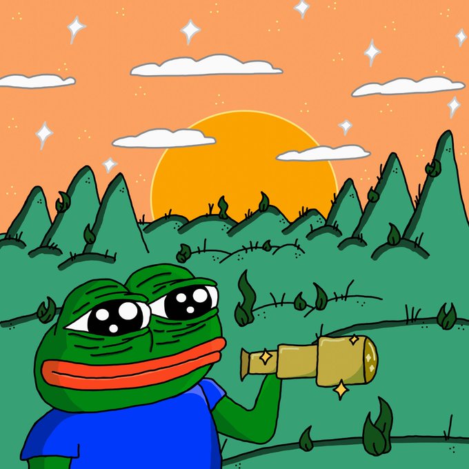 A cartoon drawing shows a green Pepe the Frog character in a blue shirt holding a golden telescope against a backdrop of green hills and an orange sunset sky.