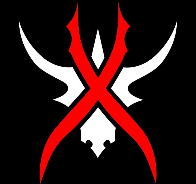 A minimalist graphic design on a black background featuring a symmetrical emblem with red curved shapes resembling blades or wings surrounding a central white diamond and pointed element.