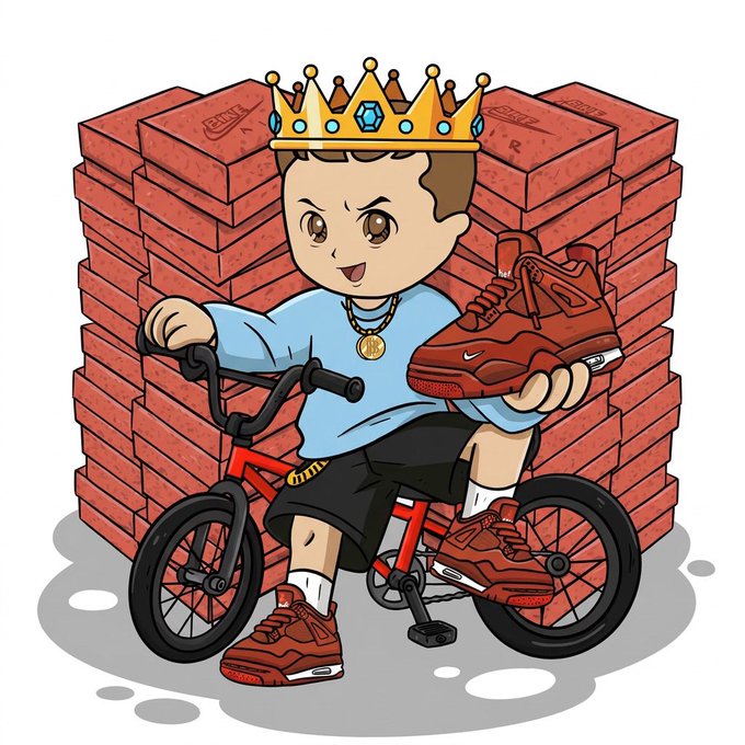 A cartoon illustration of a young boy wearing a crown and gold chain, sitting on a red BMX bike holding a red sneaker, with stacks of bricks behind him.