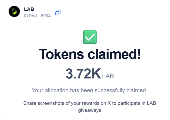 A confirmation screen showing 'Tokens claimed! 3.72K LAB' for token 0x7ec4...593A, with text noting the allocation was successfully claimed.