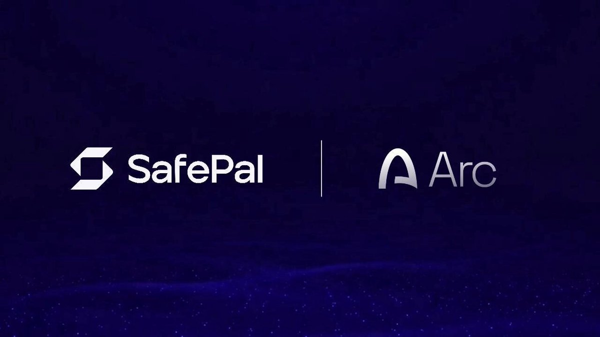 The image features two logos side by side against a blue background. The logo for "ARC" is positioned above the logo for "safePal". Both logos are white, with the "arc" logo being slightly larger than the "safePal" logo. The text on the image reads "ARC Mainnet is about to launch, and SafePal will be the first to complete support, bringing a convenient and secure @arc ecosystem asset management experience to users worldwide!".