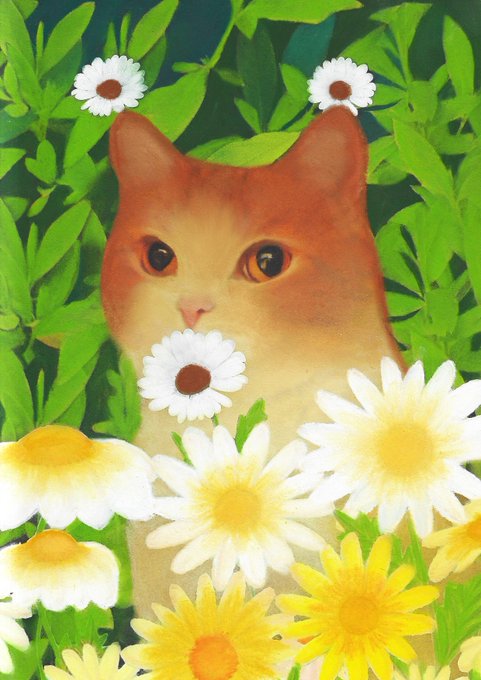 An illustration of an orange and white cat surrounded by green leaves and yellow and white daisies, with small daisies enthusiastically sprouting from its ears.