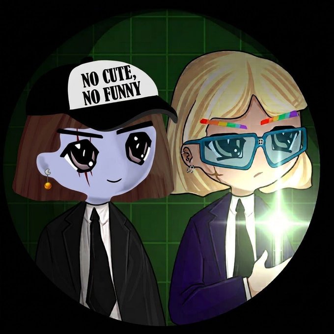 Two cartoon-style female characters in suits are depicted; the one on the left wears a cap reading "NO CUTE, NO FUNNY," while the blonde on the right holds a glowing green light.