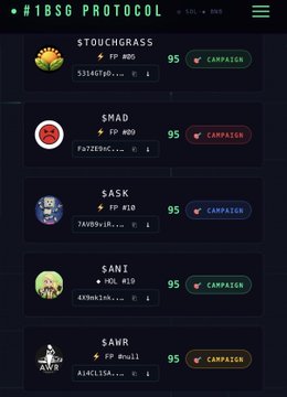 The image shows a "#1BSG PROTOCOL" rollcall list featuring token entries including $TOUCHGRASS, $MAD, $ASK, $ANI, and $AWR (#10 #09 #08 #19 #NULL), each displaying an FD value, address fragments, and a "95% CAMPAIGN" tag. The accompanying post highlights these as top protocol tokens, with the image visually reinforcing the "Top 10 Protocol Rollcall" announcement.