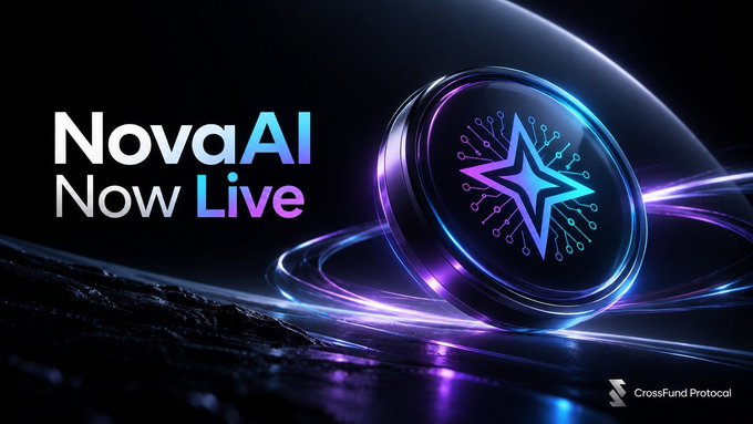 A promotional banner reading 'NovaAI Now Live' alongside a glowing blue and purple star emblem encircled by technological ring elements. The bottom right corner features the logo and text for 'CrossFund Protocol'.