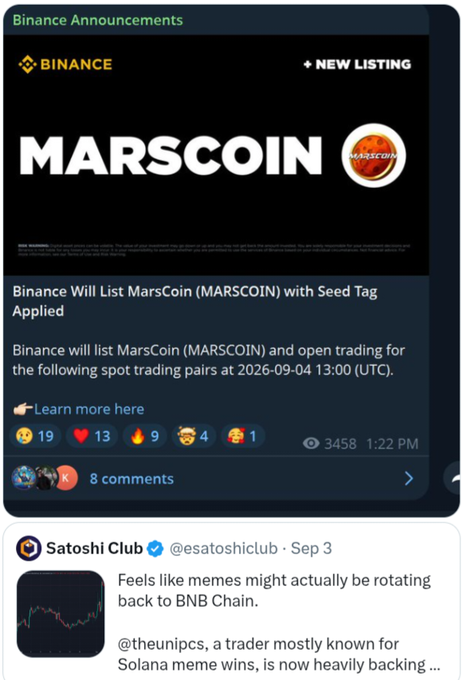 A screenshot of a Binance announcement post stating 'Binance Will List MarsCoin (MARSCOIN) with Seed Tag Applied' for spot trading on '2026-09-04 13:00 (UTC)'.