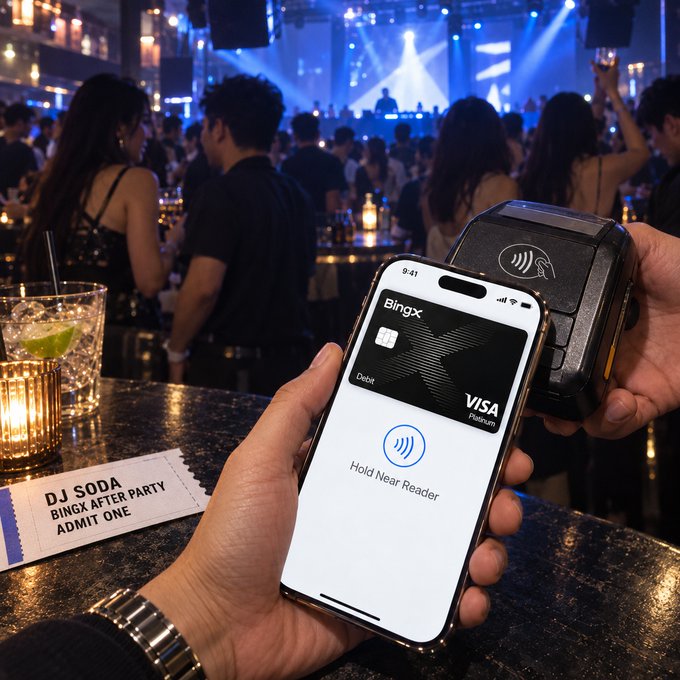 A person holds up a smartphone displaying the BingX Visa Platinum card with a "Hold Near Reader" prompt alongside a contactless payment terminal at a lively nightclub venue, with a "DJ SODA BINGX AFTER PARTY ADMIT ONE" ticket visible on the bar counter. The image illustrates the accompanying post's message about using the BingX Card at the TOKEN2049 Singapore after-party for cashback rewards.
