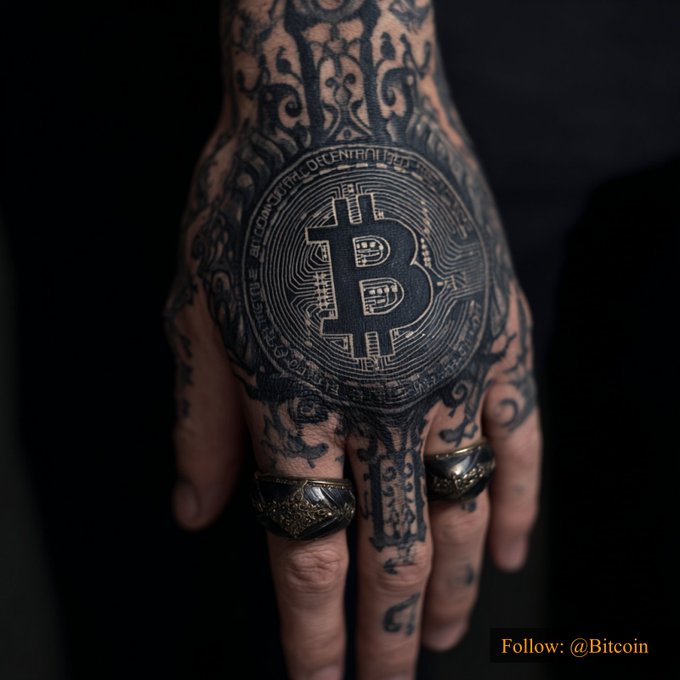 A hand is heavily tattooed with intricate black designs, prominently featuring a large Bitcoin logo on the back, along with ornate patterns and text including "DECENTRALIZED PEER TO PEER NETWORK." Two dark rings adorn the fingers, and the caption "Follow: @Bitcoin" appears in the corner, visually reinforcing the post's reference to Bitcoin's price of $78,804.13.