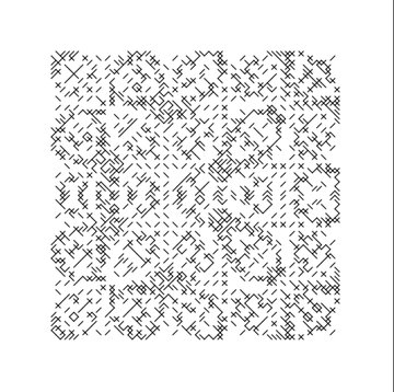 A black and white abstract pattern consisting of intricate, interwoven, glitch-like textures and faint outlines of what might be letters.