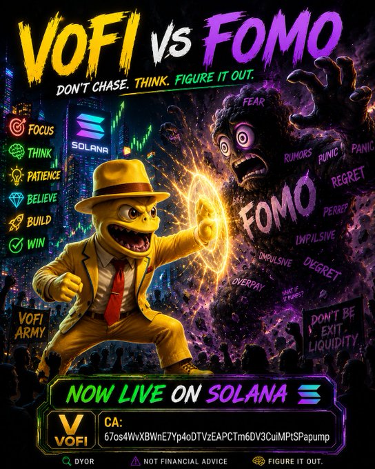 The image shows a poster for a video game called "VoFi vs Fomo" with a cartoon character dressed as a businessman, holding a gun and surrounded by a crowd of people who are either running or panicking. The poster also includes text that reads "Don't chase. Think. Figure it out." and "VOFI chooses a different path. VOFI vs FOMO Figure It Out. CA: 67os4WvXBWnE7Yp4oDTVzEAPCTm6DV3CuiMPtSPapump DYOR #VoFi #Solana #Memecoin". The image is accompanied by a link to the game's website, which reads "Now Live On Solana. CA: 67os4WvXBWnE7Yp4oDTVzEAPCTm6DV3CuiMPtSPapump DYOR #VoFi #Solana".