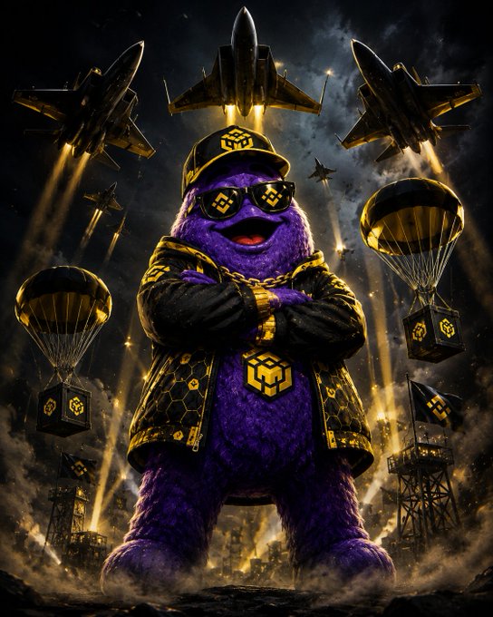 The image features a purple monster with sunglasses standing in front of a cityscape filled with airplanes and parachutes. The monster has its arms crossed and appears to be ready for action, possibly as part of an action movie or video game scene. The surrounding cityscape suggests that this is a setting from a post-apocalyptic world where the monster represents the last remaining human being in a dangerous environment.