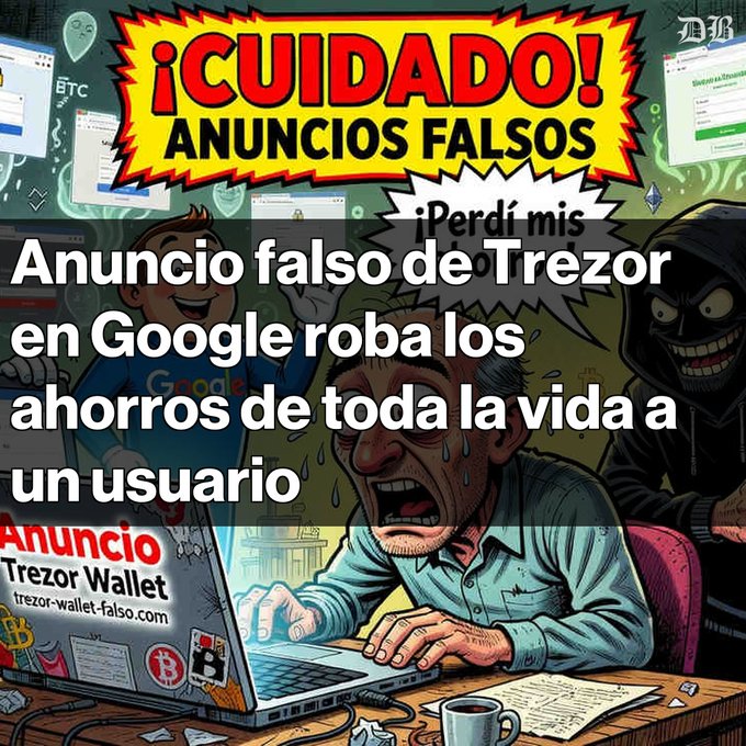 A Spanish-language warning graphic reads "¡CUIDADO! ANUNCIOS FALSOS" and "¡Perdí mis..." depicting a distressed man crying at his laptop while a sinister hooded figure looms behind him, illustrating the accompanying post about a user losing his life savings to a fake Trezor Wallet Google ad that phished his recovery phrase. The laptop displays the fraudulent URL "trezor-wallet-falso.com," reinforcing the cautionary message about cryptocurrency phishing scams.