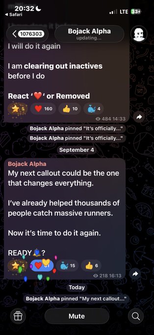 A screenshot of a Telegram channel called "Bojack Alpha" displaying messages about clearing inactives and a callout that "changes everything."