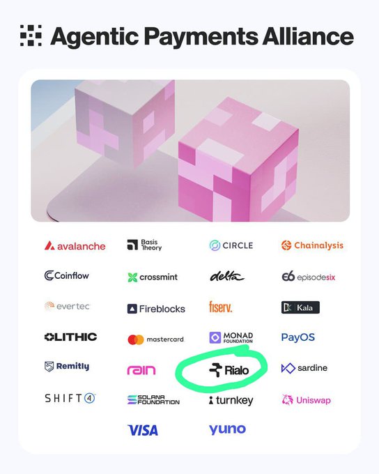 An infographic titled 'Agentic Payments Alliance' displaying logos of partner companies including Avalanche, Circle, Mastercard, Visa, Uniswap, and others, with the 'Rialo' logo circled in green.