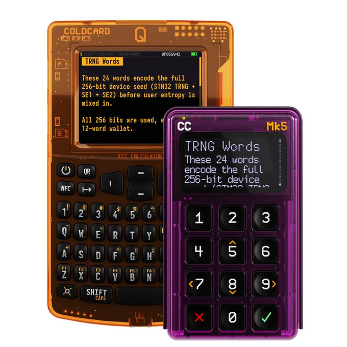Two Coldcard hardware wallets (Mk5 and Q models) displaying TRNG Words for 256-bit device seed encoding.