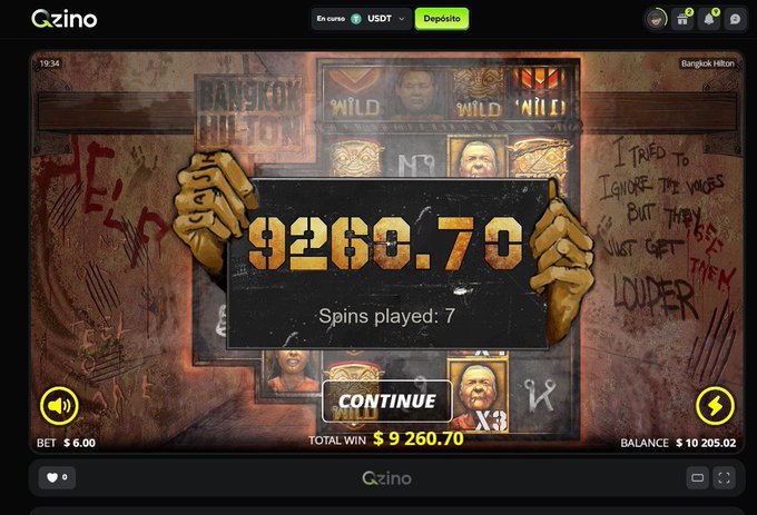 A screenshot of a slot game on the Ozino platform titled 'Bangkok Hilton', showing a total win of $9,260.70 after 7 spins played on a $6.00 bet.