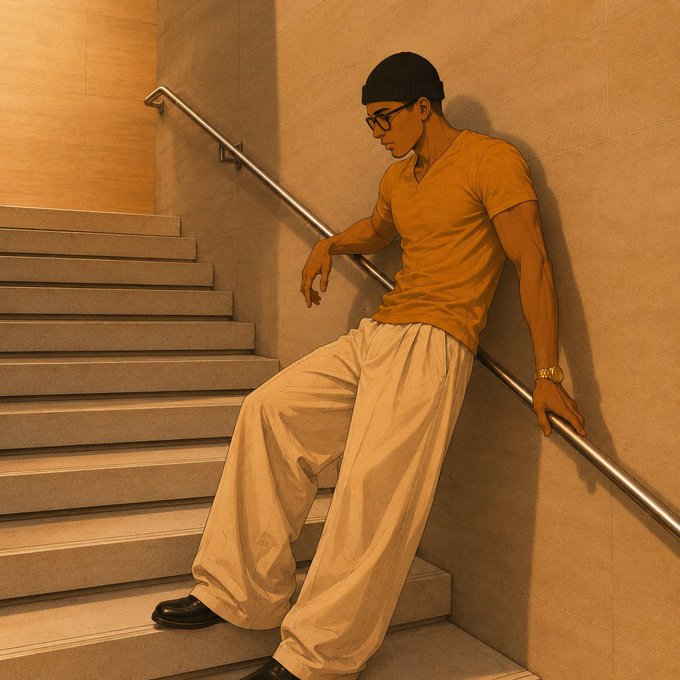 A stylized photo of a man in a mustard yellow t-shirt, beanie, glasses, and baggy white pants leaning against a railing on a concrete staircase.