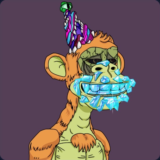 A colorful digital illustration of an orange monkey wearing a party hat, with a green face and a mouth full of glowing blue crystals.