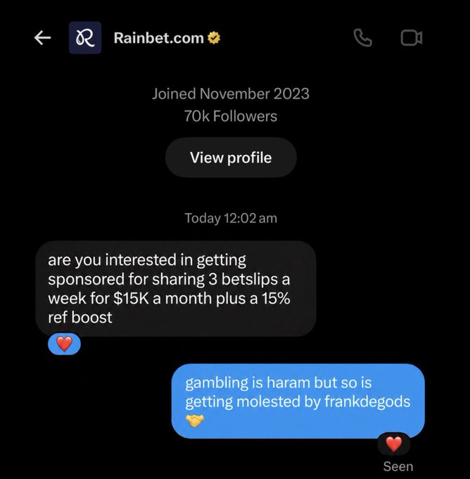 This screenshot shows a Rainbet.com sponsored offer for $15K/month to share 3 betslips a week, illustrating the high-value sponsorships available to "social traders" with substantial followings.