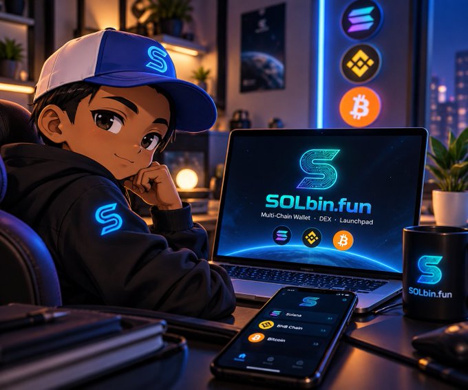 An anime-style illustration of a young person wearing a cap with an 'S' logo, using a laptop and phone displaying 'SOLbin.fun - Multi-Chain Wallet - DEX - Launchpad' alongside Solana, BNB Chain, and Bitcoin logos.