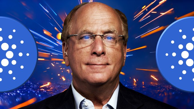 This image features Larry Fink, CEO of BlackRock, alongside the Cardano ($ADA) logo. It visually represents the sentiment that major investors (whales) are accumulating ADA while retail investors are selling, as reported by Santiment Intelligence.