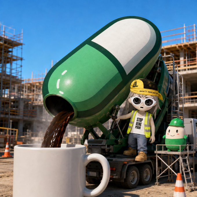 A cartoon construction worker in a safety vest that reads "STOP BONG POOR" pours liquid from a giant pill-shaped cement mixer into a large coffee mug, while a small green-clad mascot stands nearby at a bustling building site—humorously referencing crypto's "Hopium" culture and the bullish sentiment surrounding the meme coin $Cupsey.