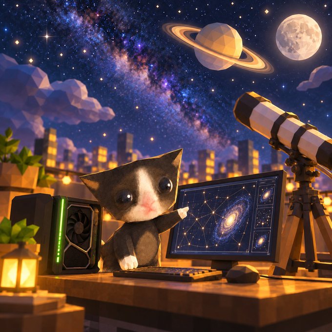 A 3D-rendered low-poly cat sits at a desk using a computer showing a spiral galaxy, with a telescope, Saturn, and the Moon visible against a starry night cityscape.
