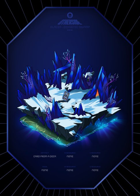 A digital illustration of a floating icy island environment surrounded by blue water, with UI text at the bottom reading 'ARTIFACT: CARD FROM A DECK', 'W RESOURCE: none', 'D RESOURCE: none', 'SOUL: none', 'W RESOURCE: none', 'D RESOURCE: none'.