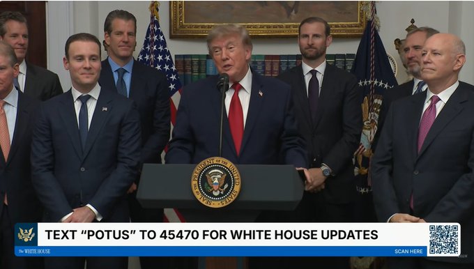President Trump stands at a podium with several men behind him, while a banner displays "TEXT 'POTUS' TO 45470 FOR WHITE HOUSE UPDATES". The accompanying post says "BRAD," which likely refers to one of the men pictured.