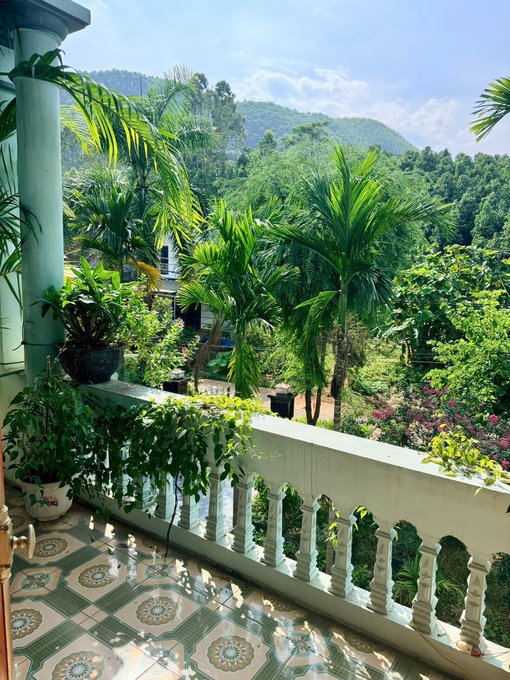 A scenic balcony view features a white balustrade and decorative patterned floor tiles, overlooking lush green palm trees, tropical vegetation, and distant mountains under a partly cloudy sky.