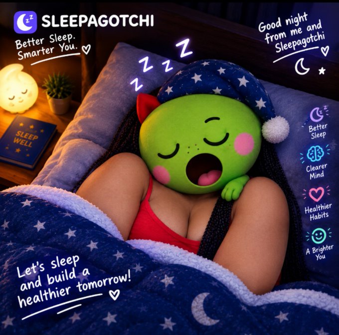 A promotional graphic for 'Sleepagotchi' featuring a green creature sleeping in a nightcap, with text reading 'Better Sleep. Smarter You.' and 'Let's sleep and build a healthier tomorrow!'
