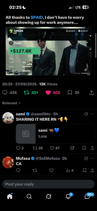 A mobile screenshot of an X post showing a clip of a financial news segment with text "All thanks to $PAID, I don't have to worry about showing up for work anymore..."