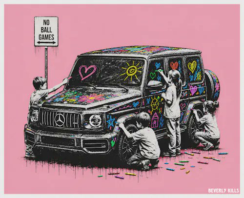 An artwork by 'Beverly Kills' shows children drawing colorful chalk graffiti on a black Mercedes SUV parked next to a 'NO BALL GAMES' sign, set against a pink background.