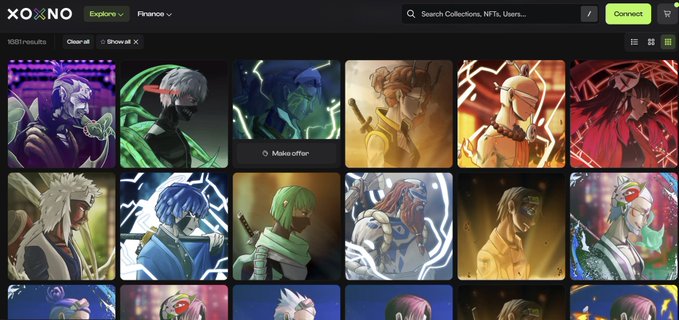 A screenshot of the XOXNO NFT marketplace interface, displaying a grid of animated anime-style character NFT avatars with filters like "Explore" and "Finance" visible at the top.