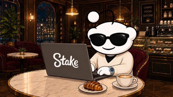A trendy cartoon panda wearing sunglasses works on a laptop branded "Stake" at a cozy café, accompanied by a latte and croissant. The image humorously portrays the "Stake" platform casually ignoring the request to support the women community, as the panda seems too busy or unbothered to respond.