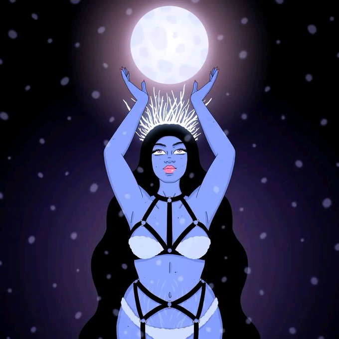 An illustration of a blue-skinned woman in a strappy lingerie outfit holding a glowing moon above her head against a starry night sky background.